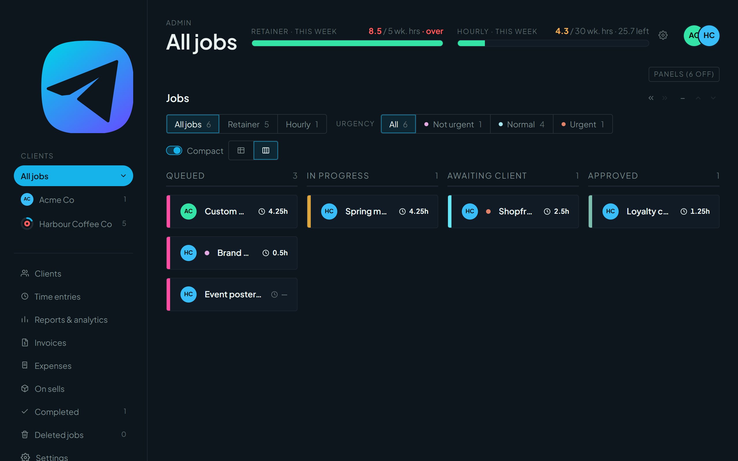 The same jobs shown as a table