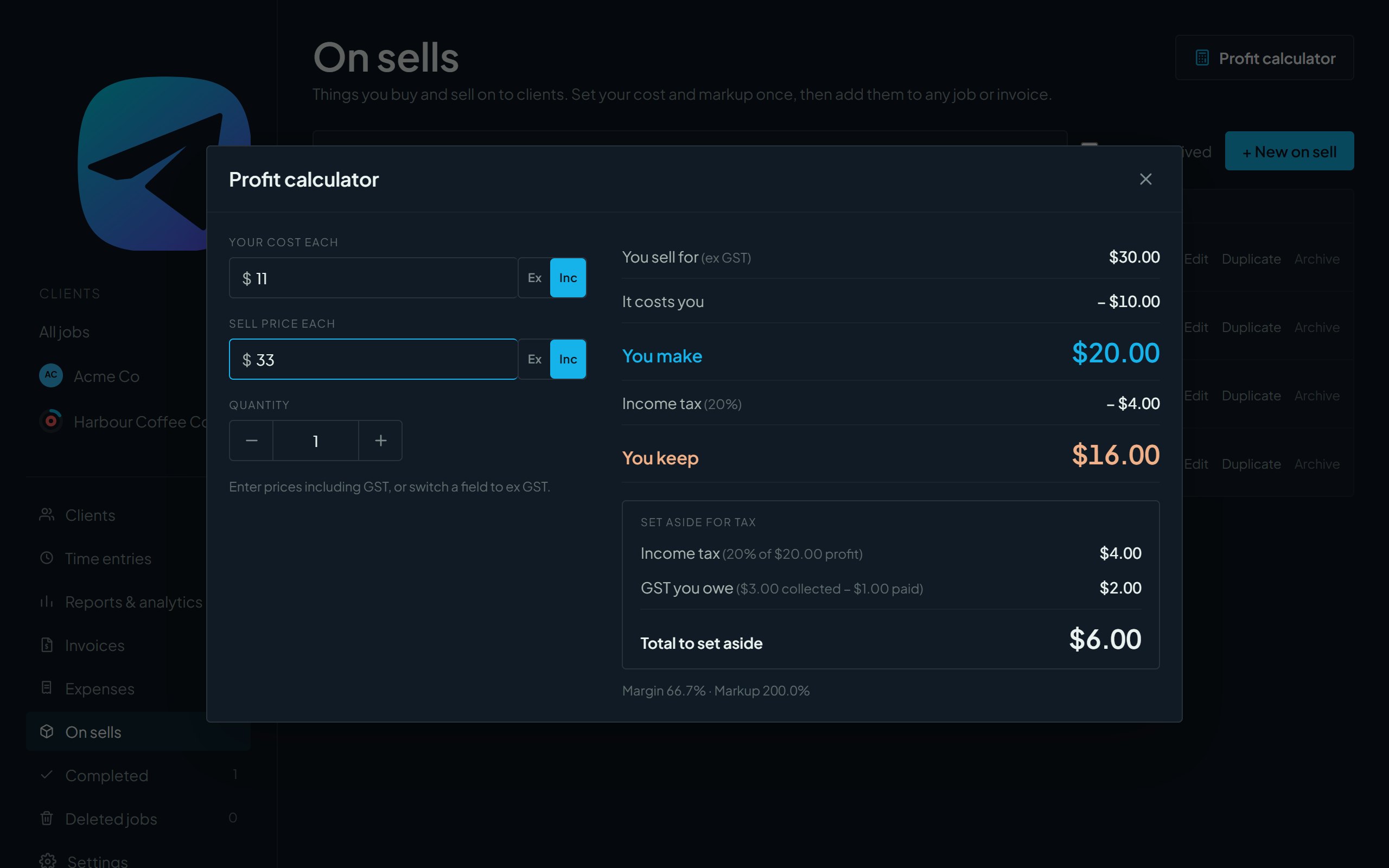 The profit calculator showing a $33 inc GST sell price and a $11 cost with the results alongside