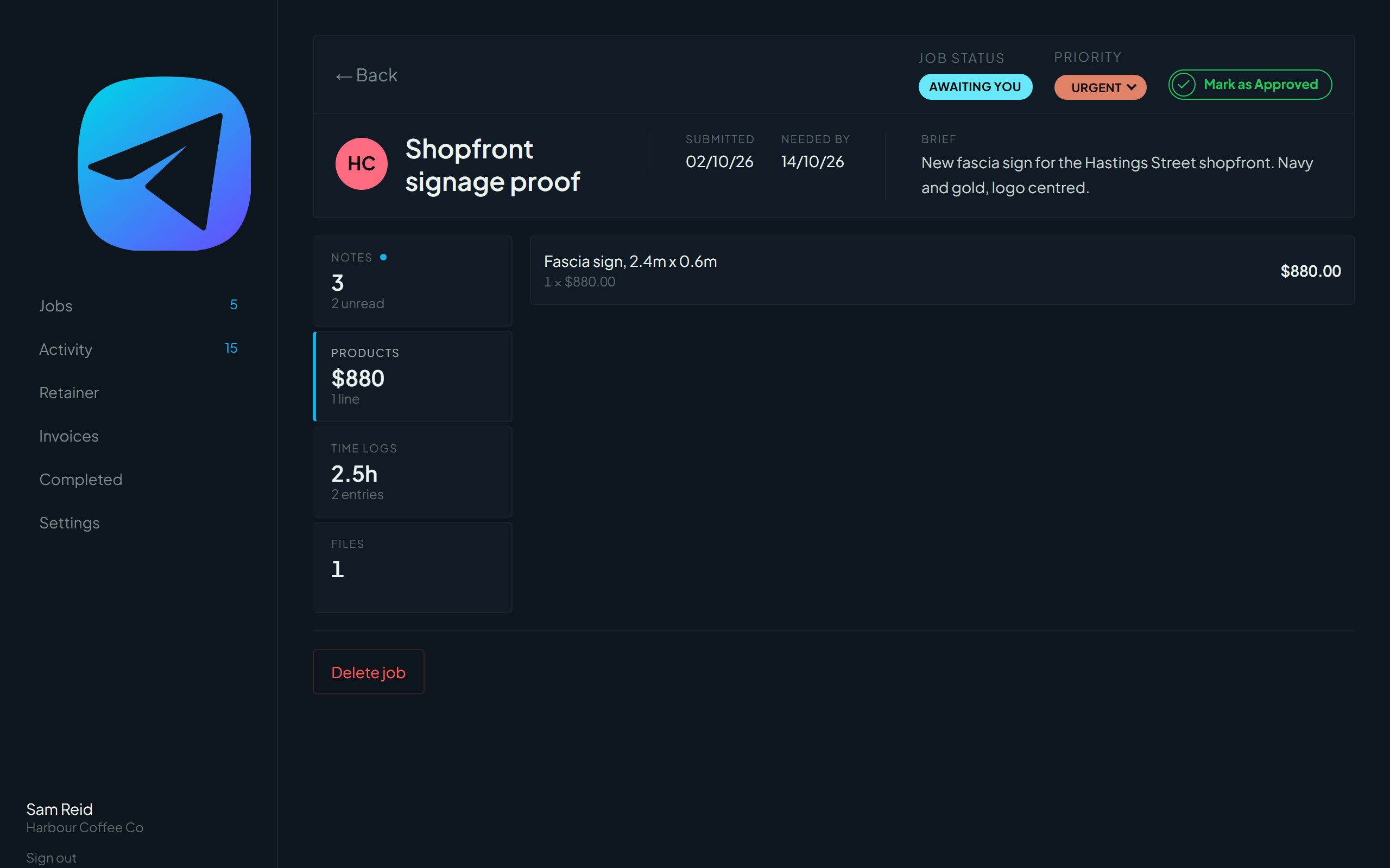 The Products tab as the client sees it, listing what was added with its price