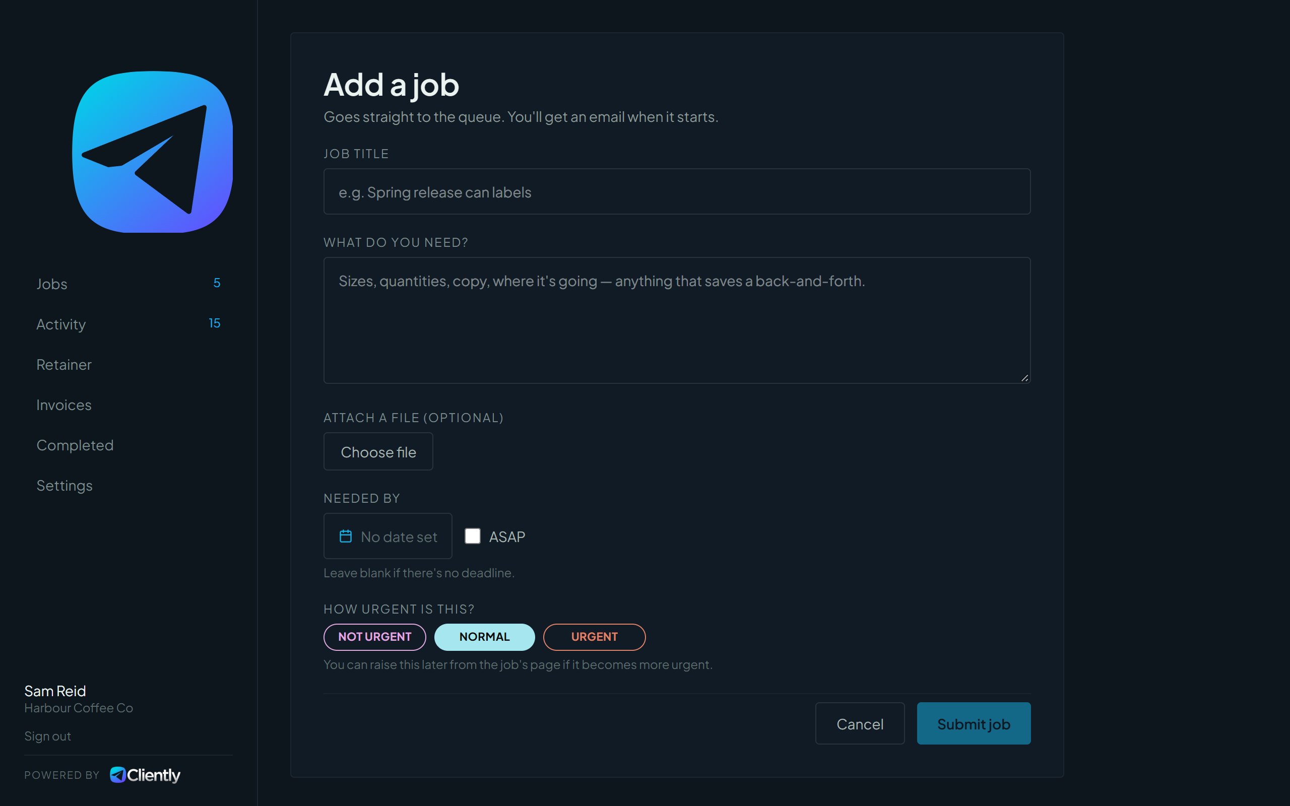 The client Add a job form