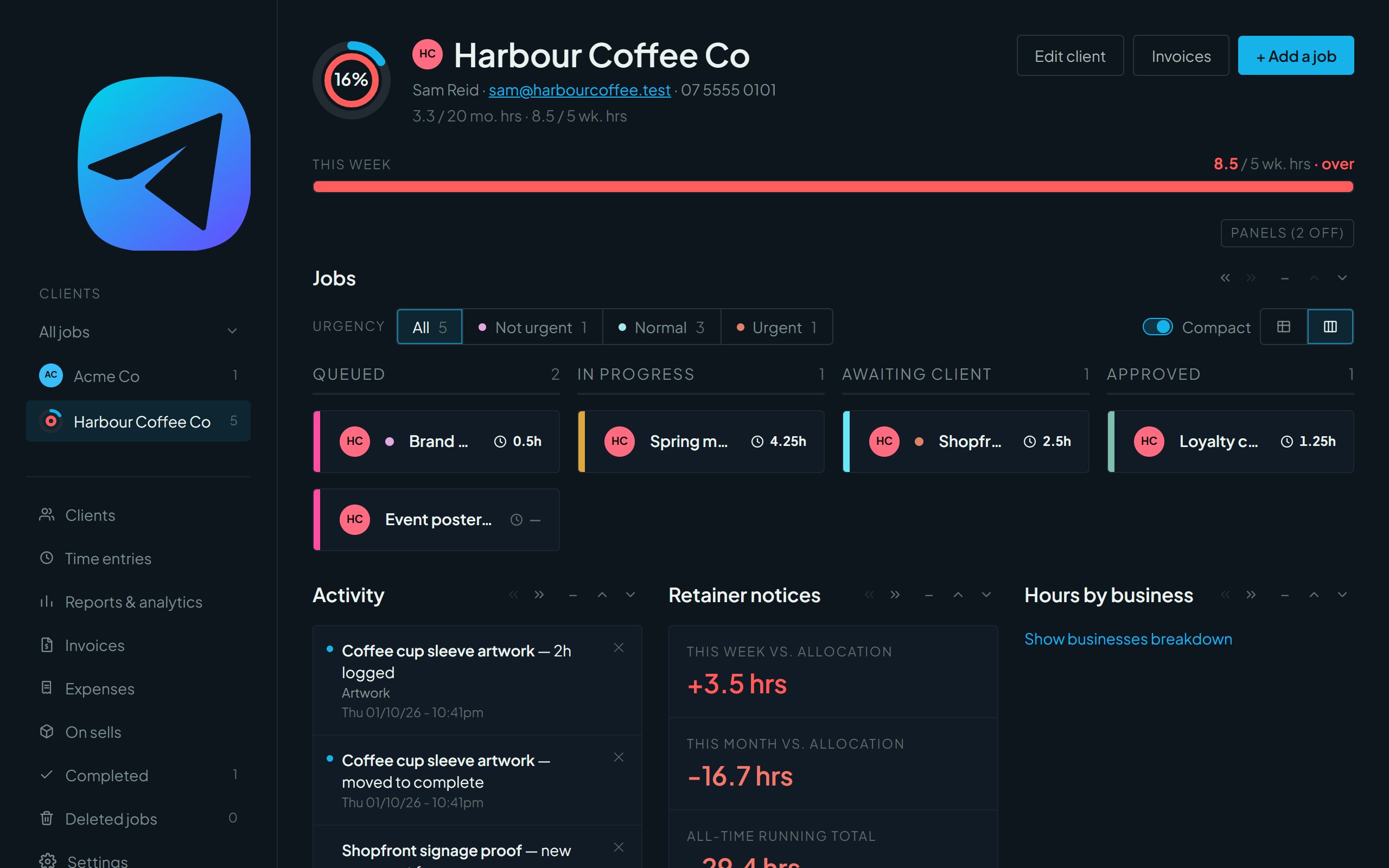 A client page with their jobs board, activity, logins and billing summary