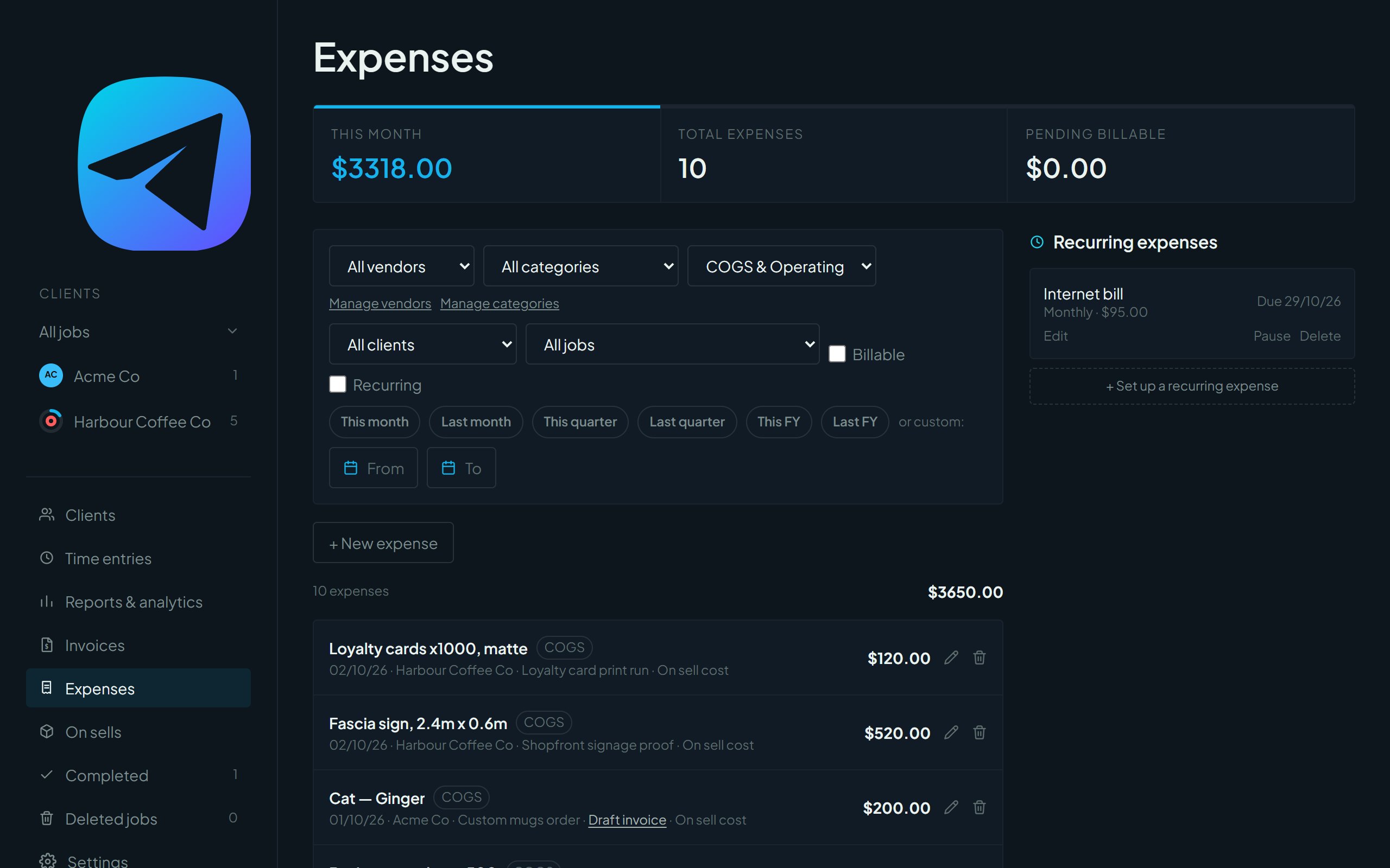 The Expenses page with totals, filters, a recurring expenses panel and the list of expenses