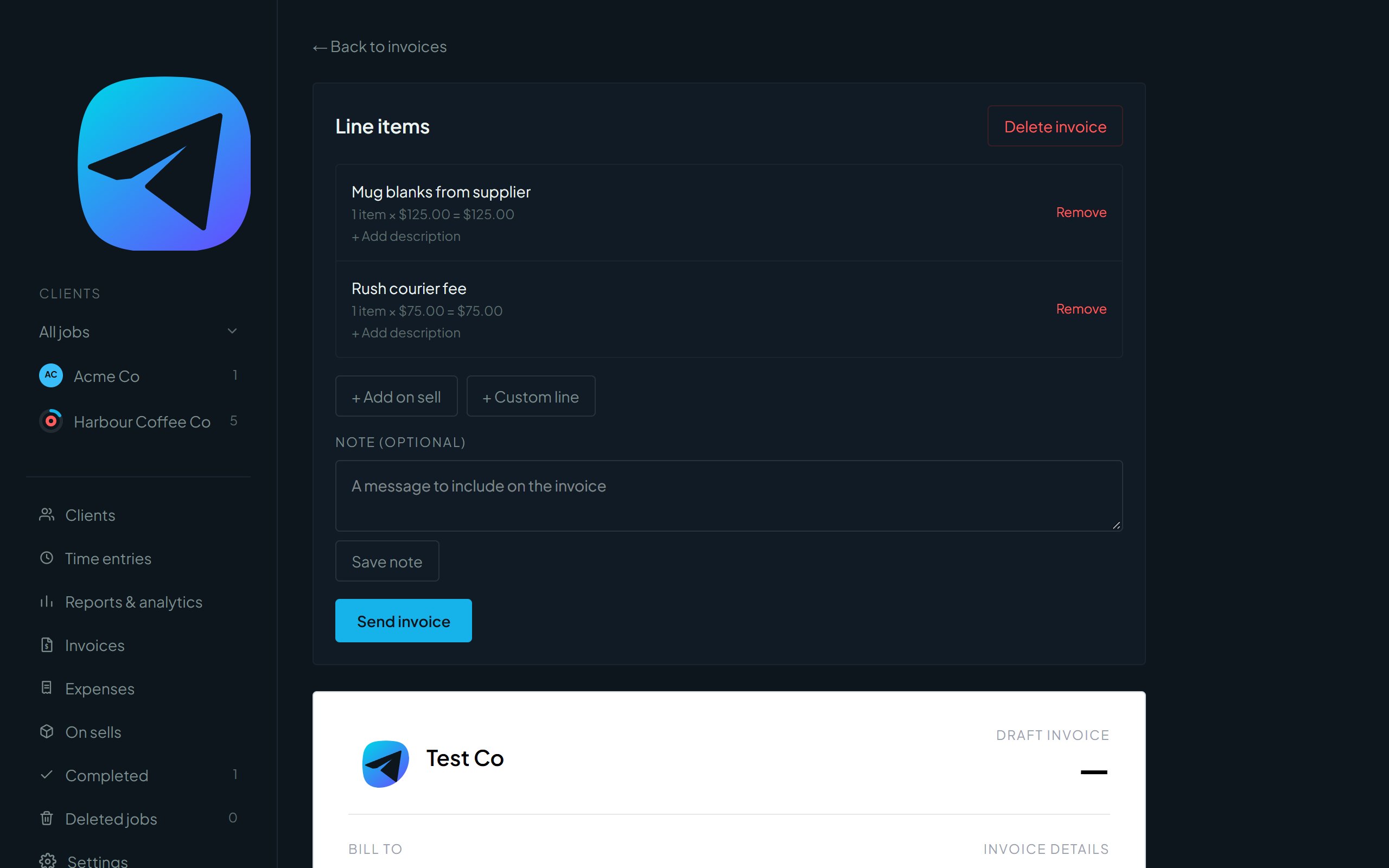 A draft invoice with line items, add buttons and a note box