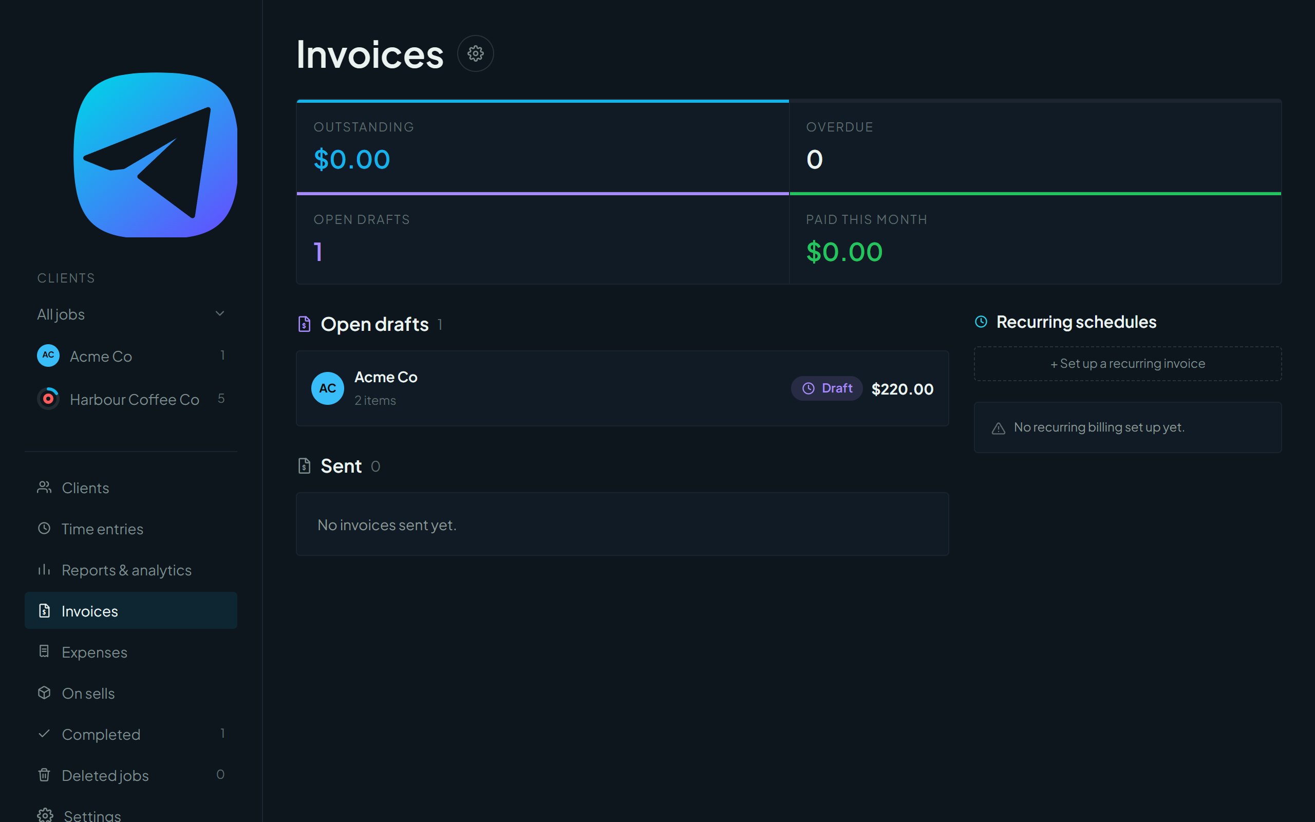 The Invoices page with outstanding, overdue, open drafts and paid this month