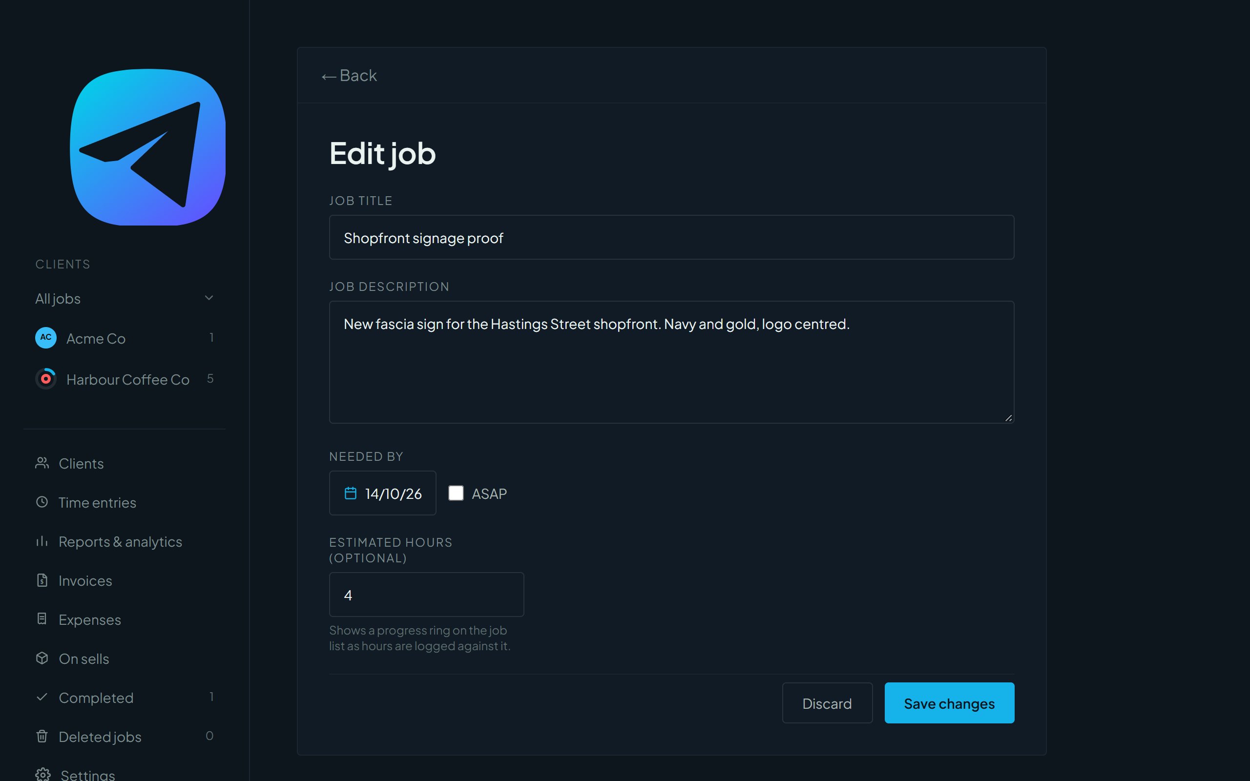 The Edit job page