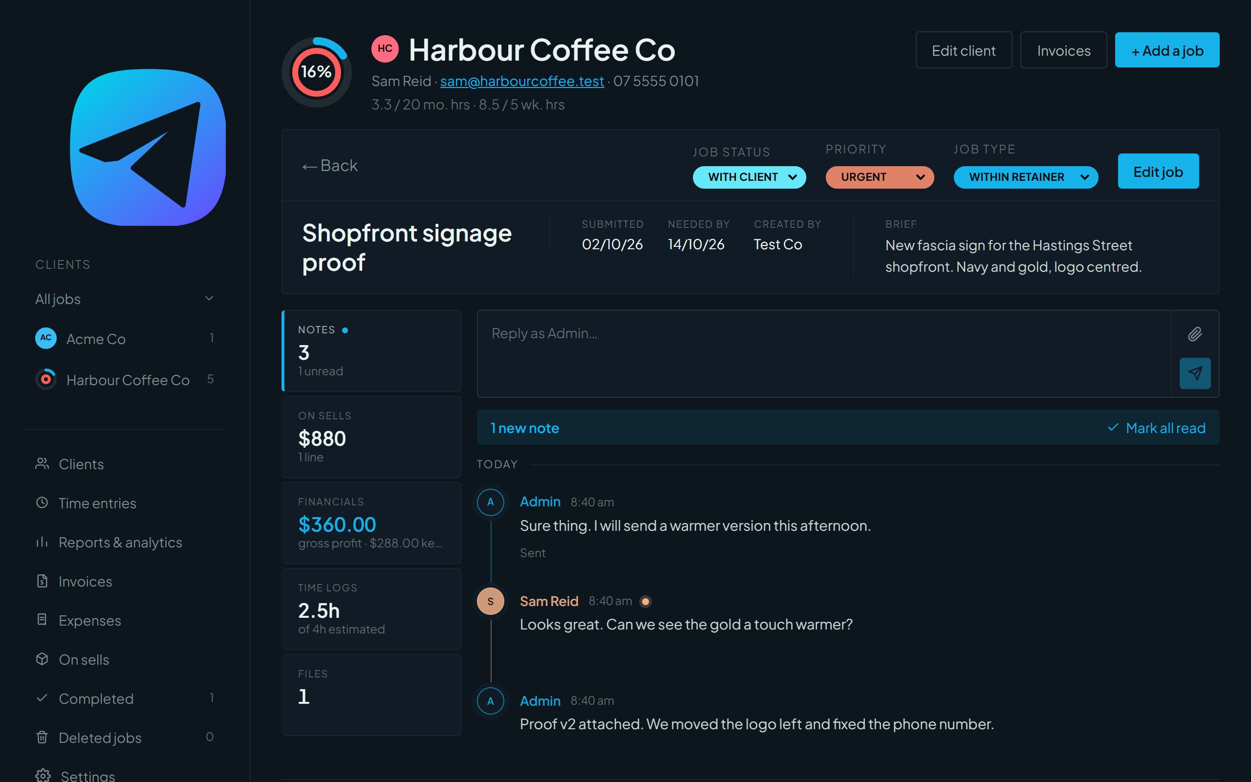 A job page with status, priority and job type controls, and the Notes, On sells, Financials, Time logs and Files tabs