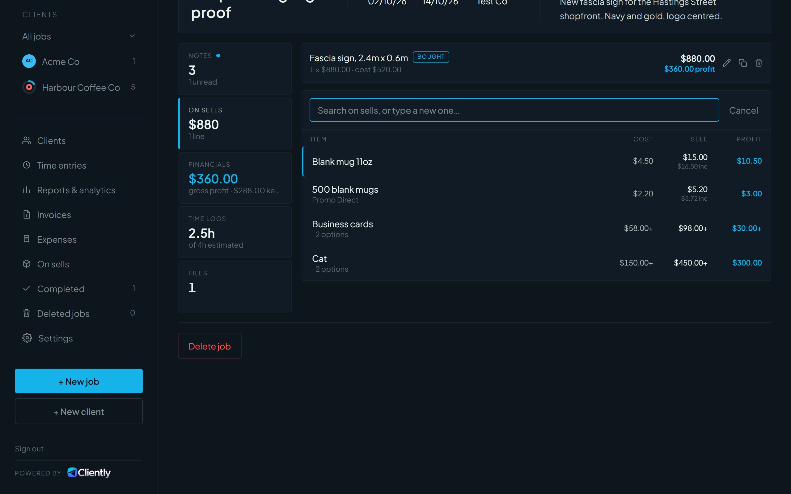 The add on sell search showing items with cost, sell price and profit