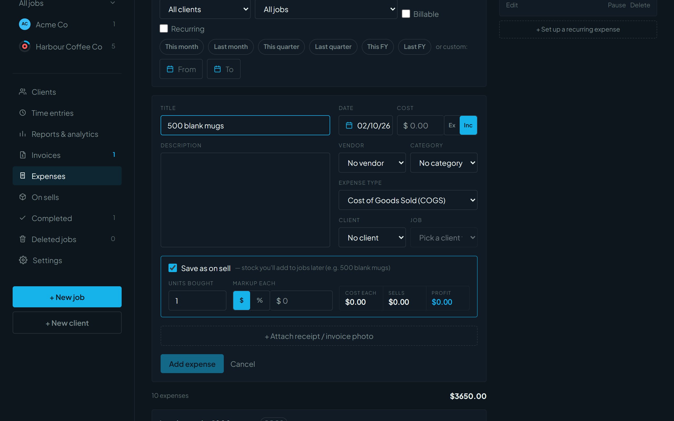The New expense form with COGS selected and Save as on sell ticked