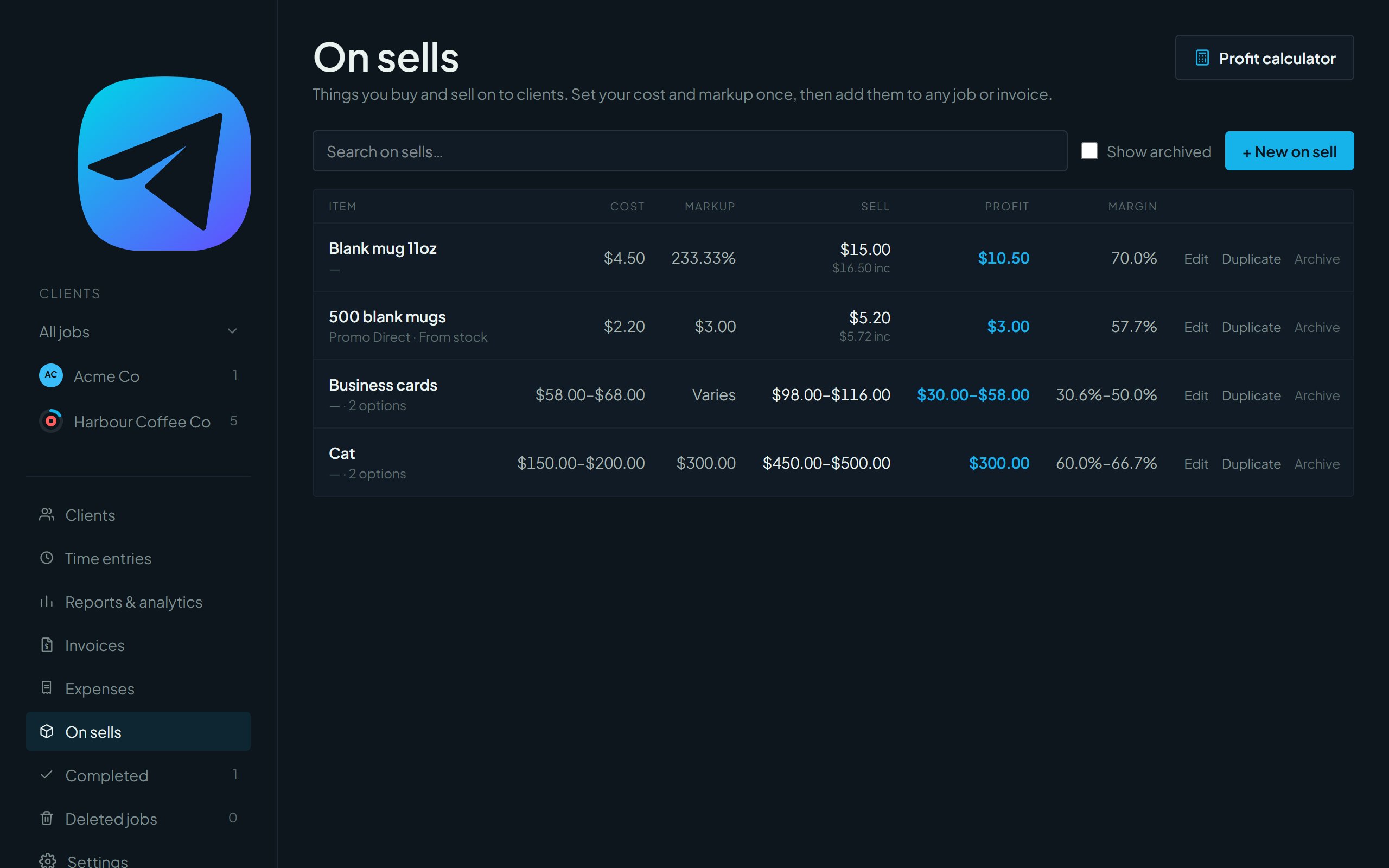 The On sells list with cost, markup, sell price, profit and margin columns