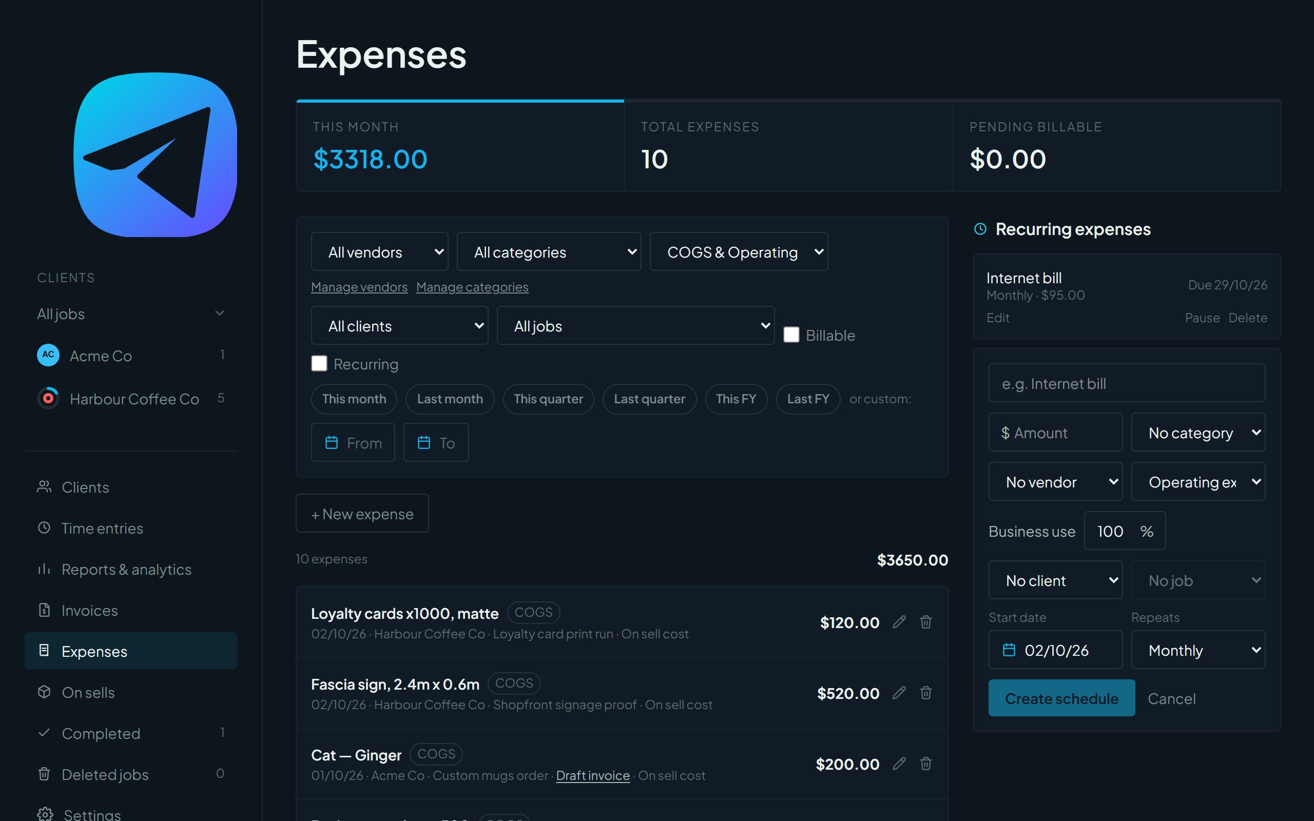 The recurring expense setup form in the right-hand panel