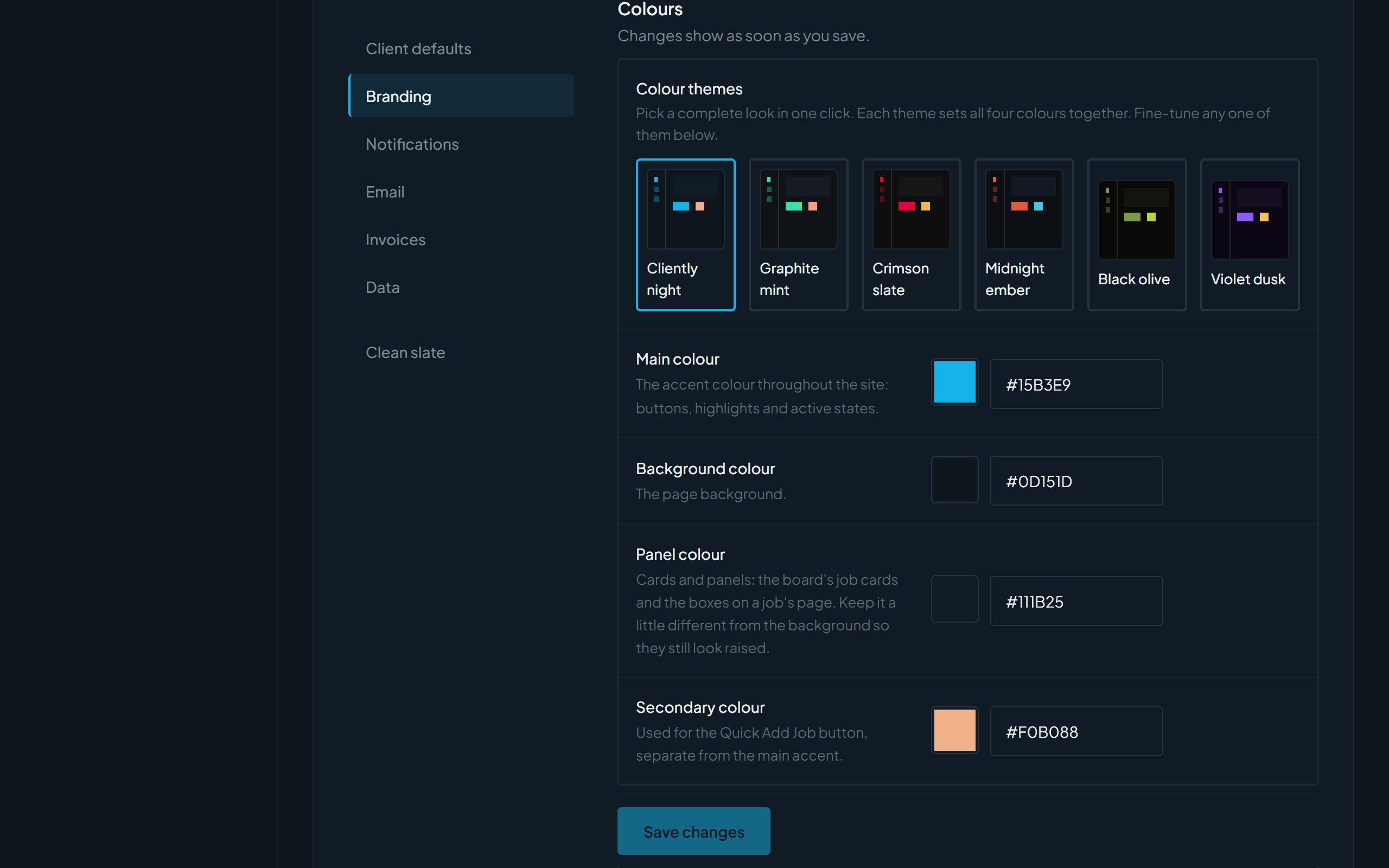The colour themes and colour pickers in Settings