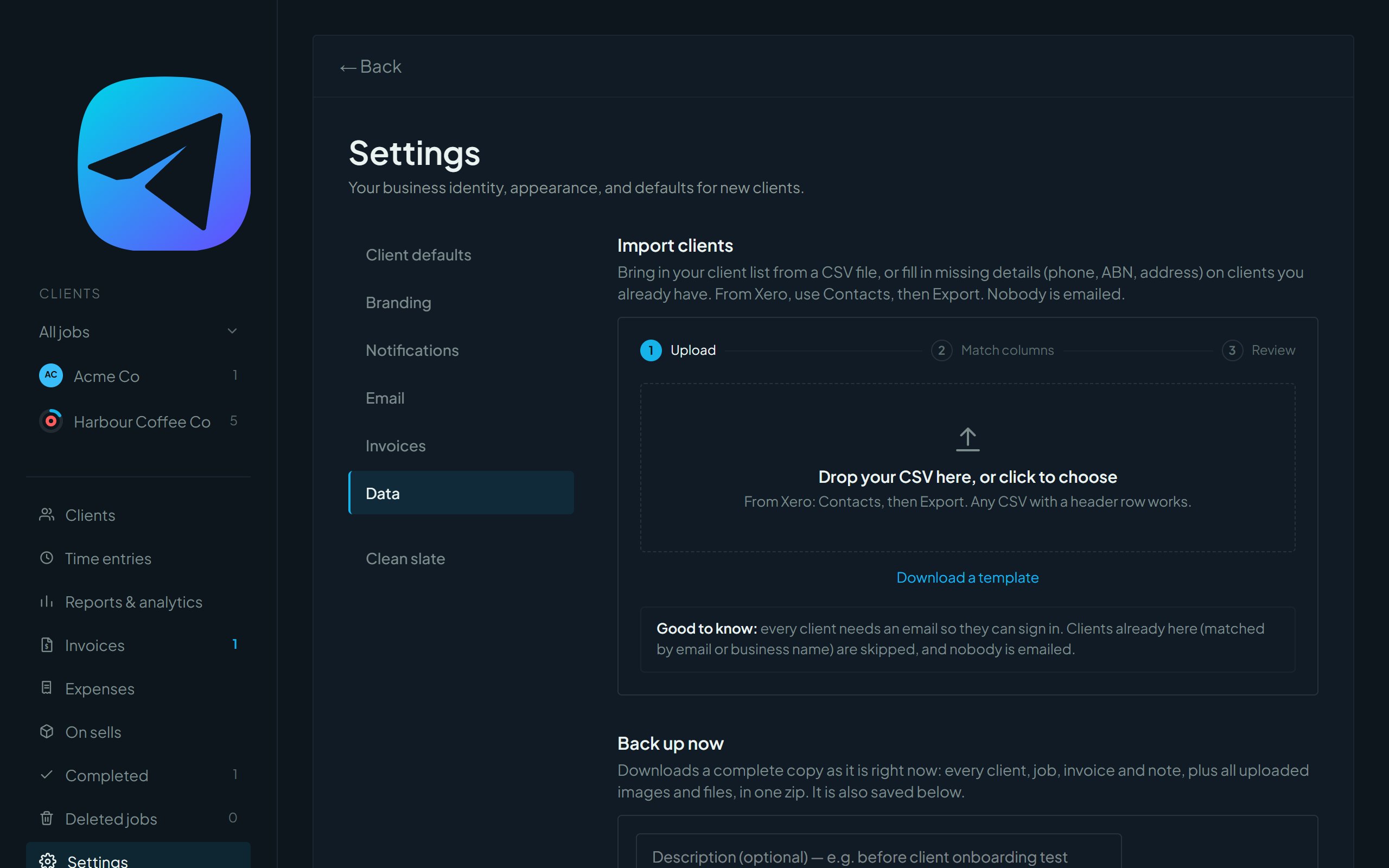 The Data tab in Settings, with the Import clients box at the top