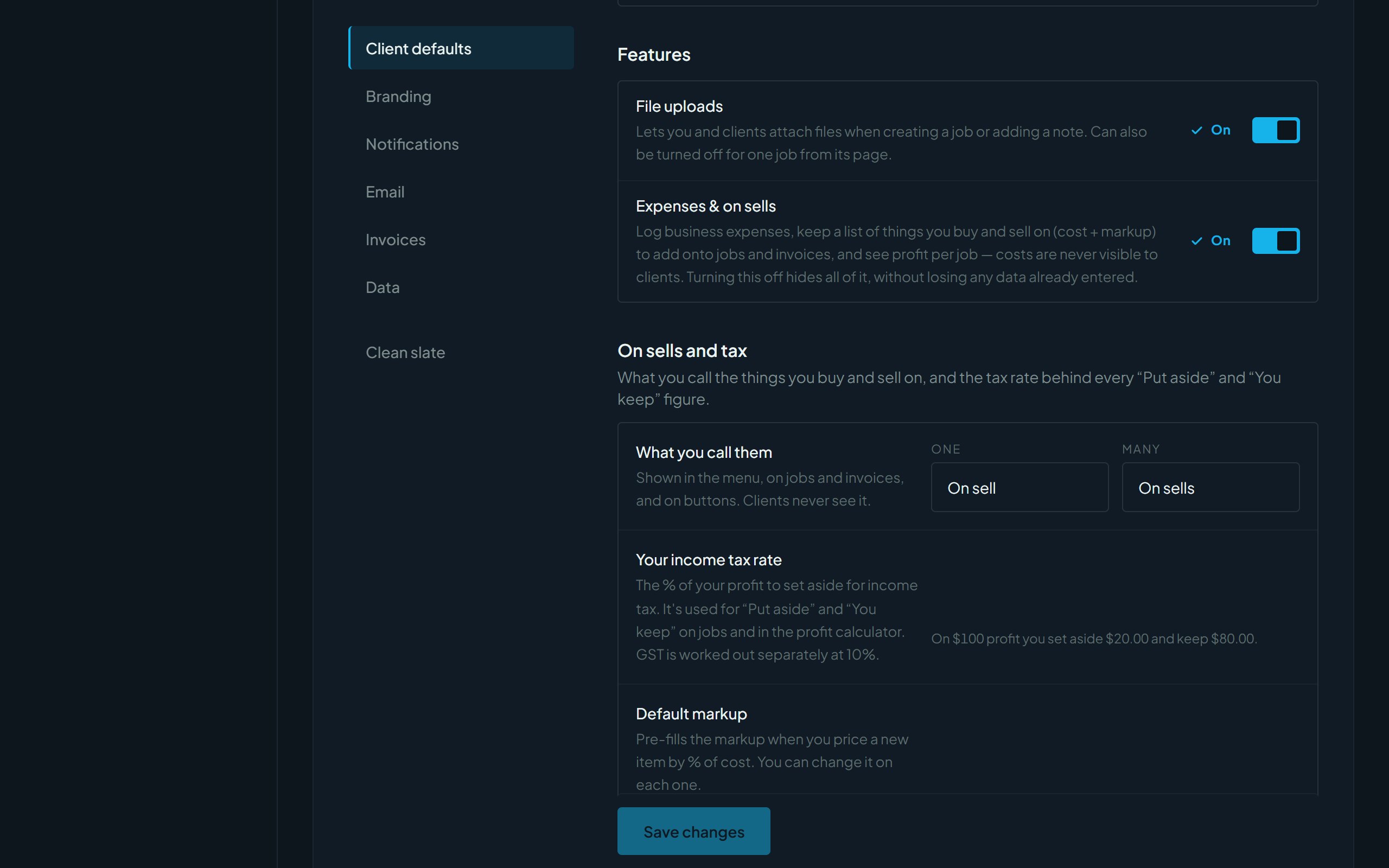 The On sells and tax section of Settings, with the income tax rate and default markup