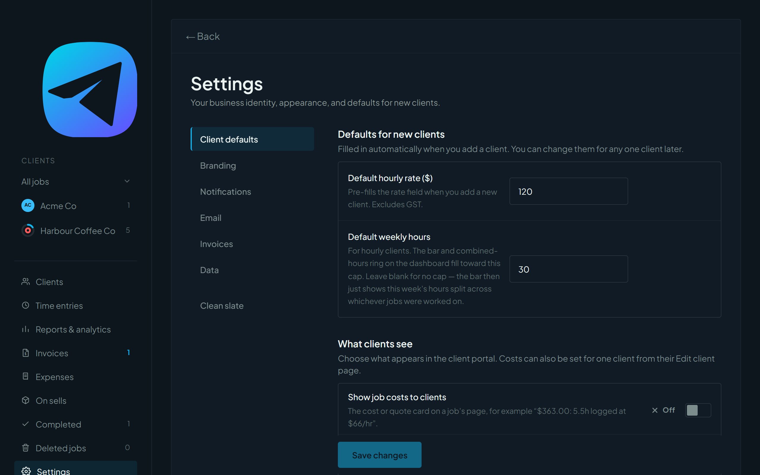 The Client defaults tab in Settings