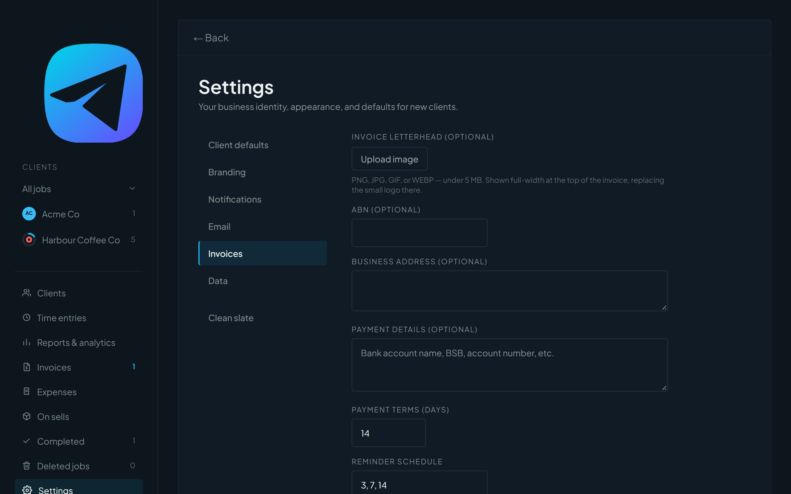 The invoice settings in Settings